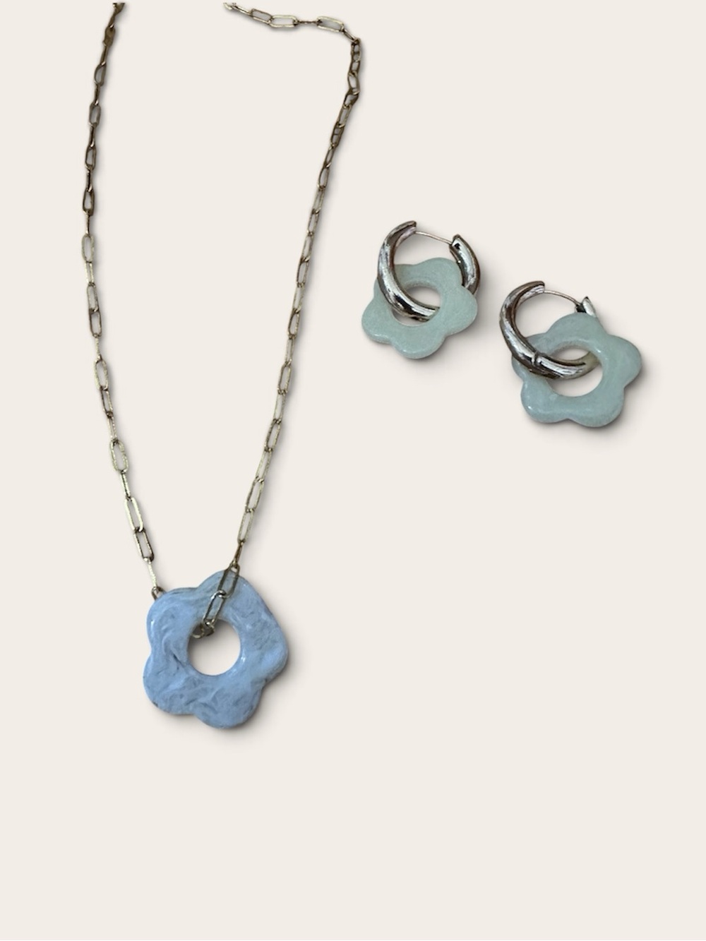 Delicate Gold chain white marble Flower Pendant Necklace & Hoop Earring Set